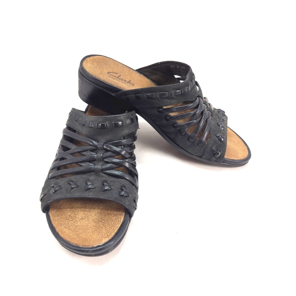 Clarks Bendables Womens Sandals Slip On Strappy Leather Black 5M Comfortable